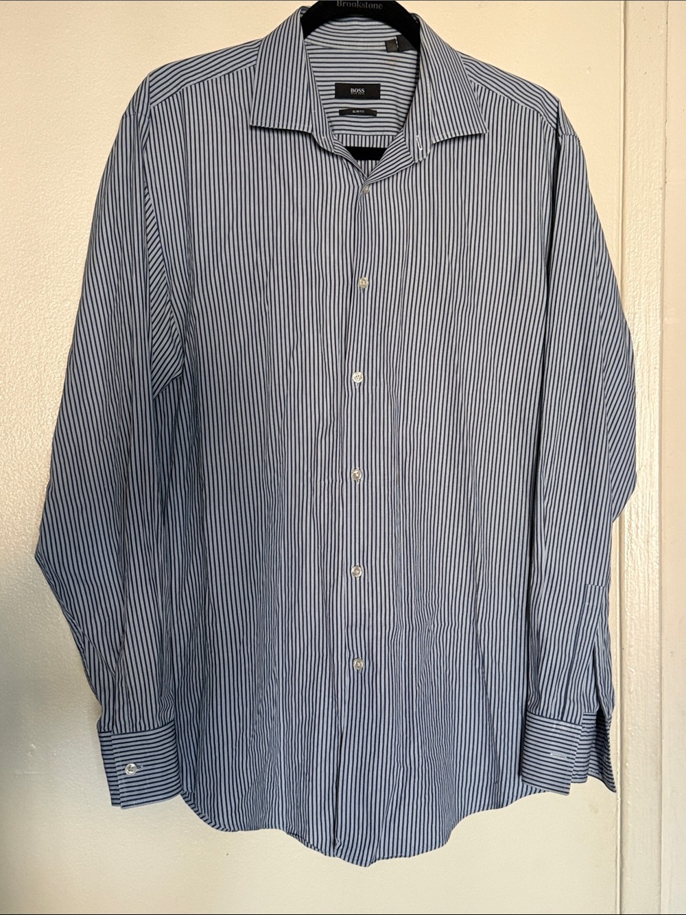 BOSS Blue and White Striped Dress Shirt